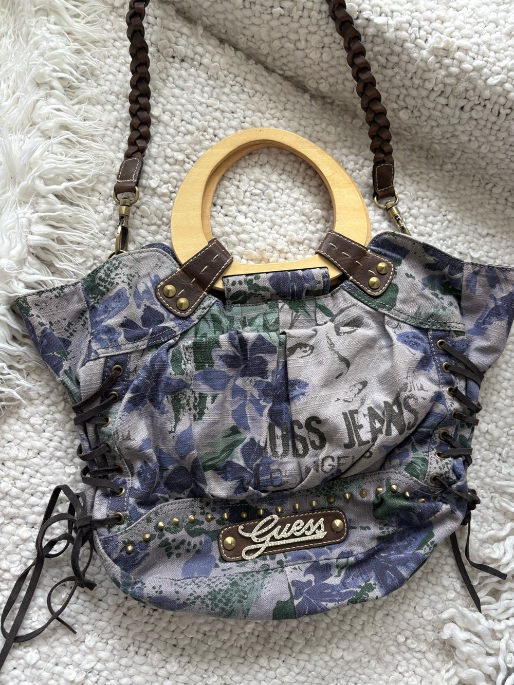 Vintage Y2K GUESS Floral Corset Lace-Up Wooden Handle Shoulder Bag Boho 2000s